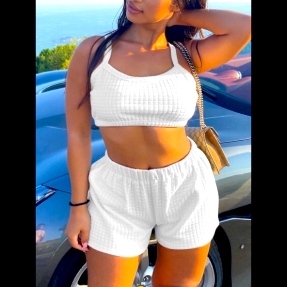 Sexy Waffle Pattern Rib Knit White Tank Top / Camisole Crop Top & Shorts Outfit